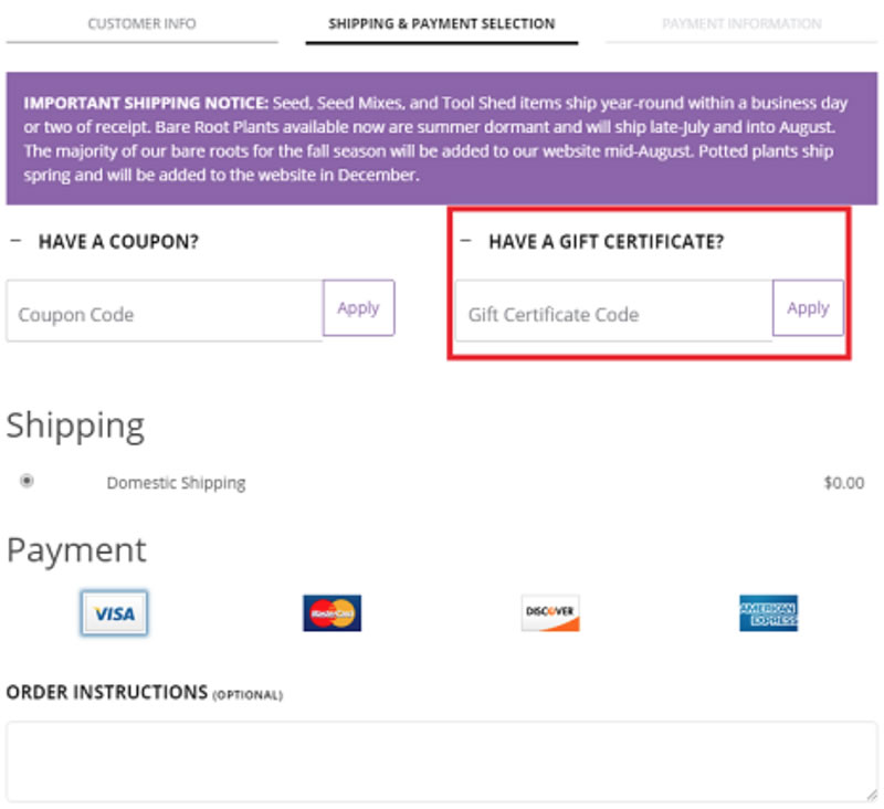gift certificte screen